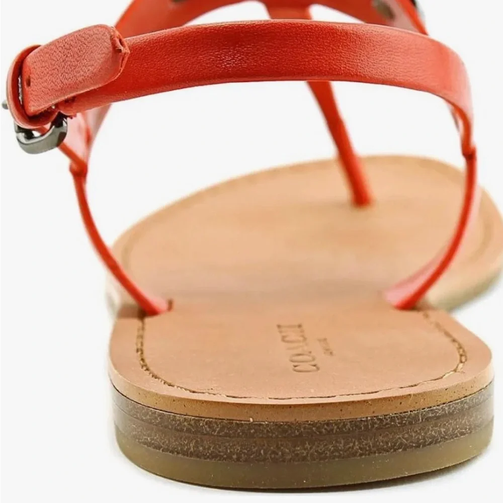 Coach Gracie Swagger Orange-Rust Orange Turn Lock Leather T Strap Sandals. - Picture 9 of 14